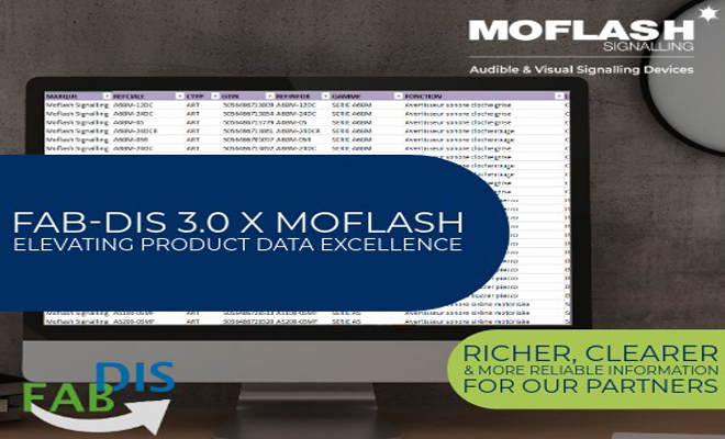 Eine Illustration mit der Aufschrift: Moflash Signalling X FAB-DIS 3.0: Exzellenz in Produktdaten steigern